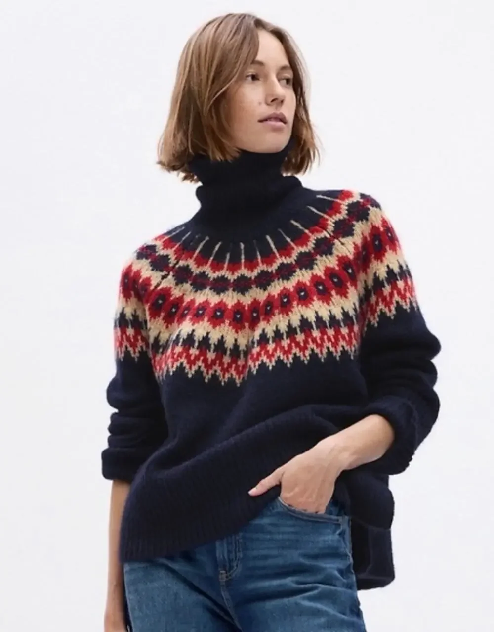 Gap Fair Isle Wool Turtleneck Sweater Navy Split-Hem Red Cream Pattern Sz XS New